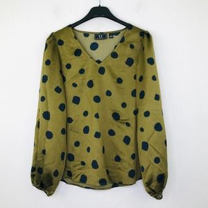 Giuliana Women's Small Blouse Green Blue Spotted Balloon Sleeve V-Neck NWOT AP15